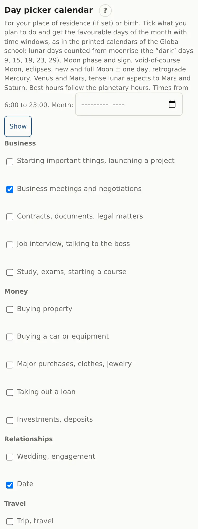 Day picker calendar: choosing activities